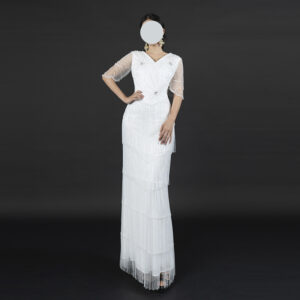 Luxury White Fringe Formal Gown | Beaded Detail & Tiered Tassel Design for Middle Eastern Celebrations