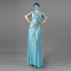 Beaded Blue Evening Gown with Sheer Sleeves – Handcrafted Formal Dress