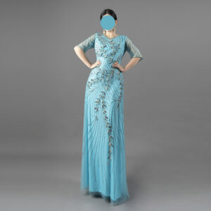 Beaded Blue Evening Gown with Sheer Sleeves – Handcrafted Formal Dress