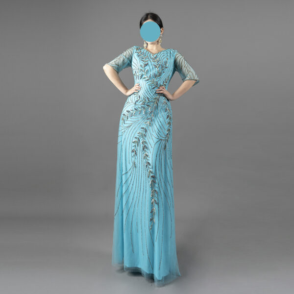 Beaded Blue Evening Gown with Sheer Sleeves – Handcrafted Formal Dress