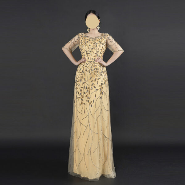 Champagne Tulle Evening Gown with Beaded Vine Embroidery | Half-Sleeve Formal Dress for Weddings