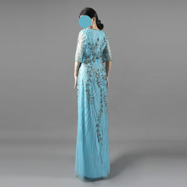 Beaded Blue Evening Gown with Sheer Sleeves – Handcrafted Formal Dress