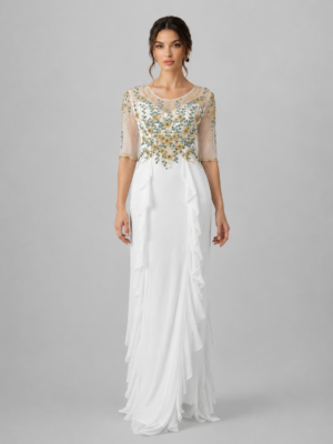 Ruffled Chiffon Floral Rhinestone Evening Dress