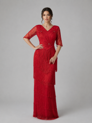 Hand-Beaded Fringe Formal Dress with V-Neckline