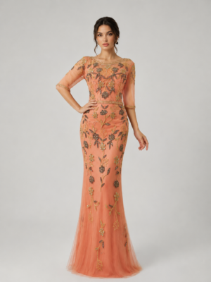 Floral Leaf Beaded Round Neck Mermaid Evening Dress