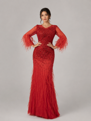 Rhinestone Feather Fringe V-Neck Mermaid Evening Dress