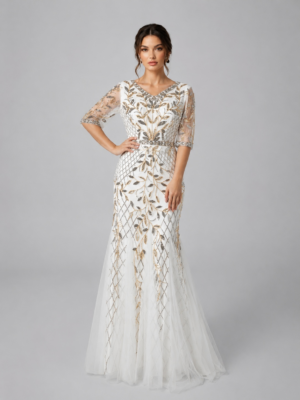 Leaf Pattern Hand-Beaded Mermaid Evening Formal Gown