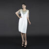 Beaded Evening Dress V Neck Elegant Midi Length Formal Gown with Sheer Sleeves