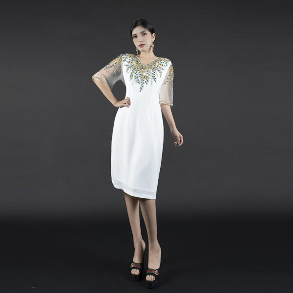 Beaded Evening Dress V Neck Elegant Midi Length Formal Gown with Sheer Sleeves