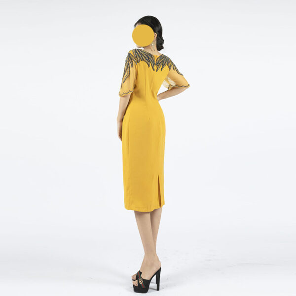 Sheer Sleeve Yellow Cocktail Dress with Intricate Beaded Neckline | Perfect for Special Events