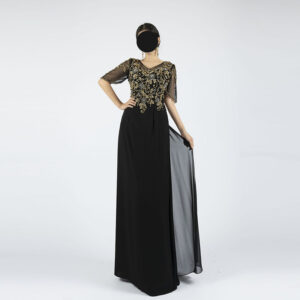 Sheer Sleeve Chiffon Evening Dress with Gold Beaded Embroidery | Perfect for Galas & Weddings