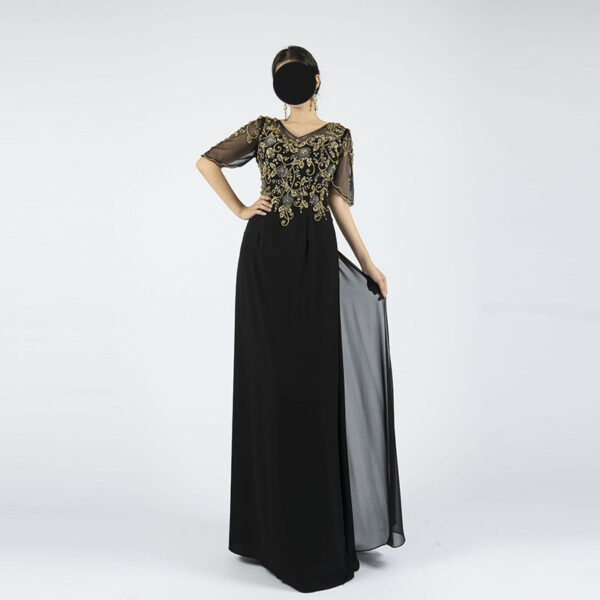 Sheer Sleeve Chiffon Evening Dress with Gold Beaded Embroidery | Perfect for Galas & Weddings