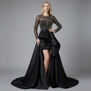 black beaded formal gown with long sleeves luxury evening dress