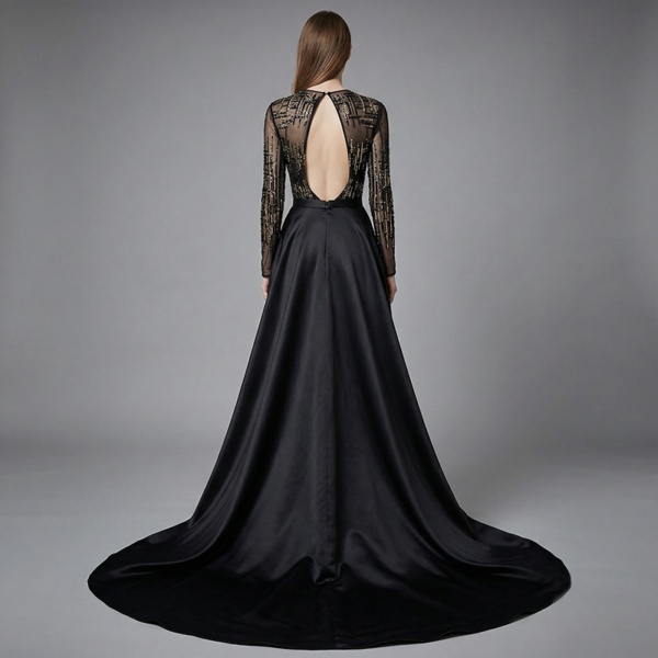 Statement Black Evening Dress with Sheer Beaded Bodice and Dramatic Train | Perfect for Red Carpet & Galas