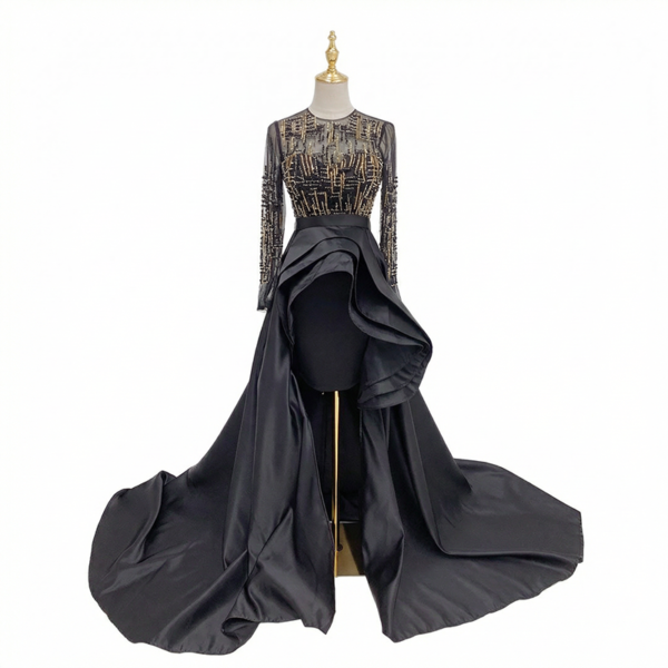 Statement Black Evening Dress with Sheer Beaded Bodice and Dramatic Train | Perfect for Red Carpet & Galas
