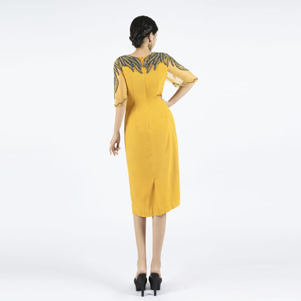 Sheer Sleeve Yellow Cocktail Dress with Intricate Beaded Neckline | Perfect for Special Events