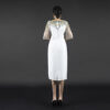 Beaded Evening Dress V Neck Elegant Midi Length Formal Gown with Sheer Sleeves