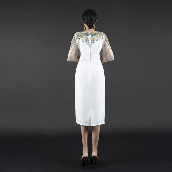 Beaded Evening Dress V Neck Elegant Midi Length Formal Gown with Sheer Sleeves