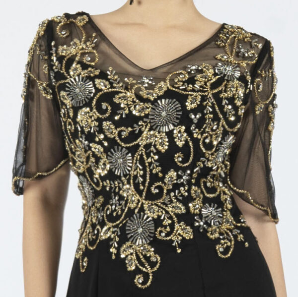 Sheer Sleeve Chiffon Evening Dress with Gold Beaded Embroidery | Perfect for Galas & Weddings