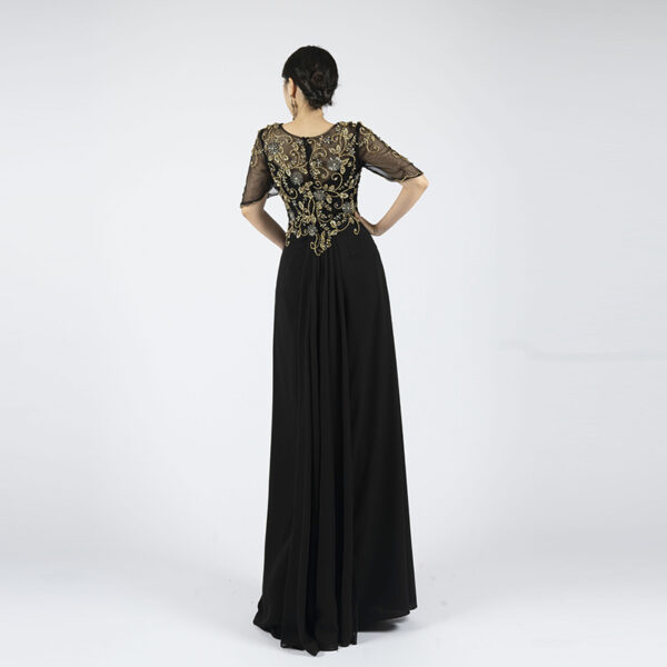 Sheer Sleeve Chiffon Evening Dress with Gold Beaded Embroidery | Perfect for Galas & Weddings