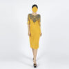 Sheer Sleeve Yellow Cocktail Dress with Intricate Beaded Neckline | Perfect for Special Events