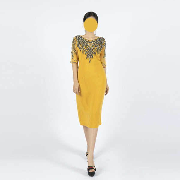 Sheer Sleeve Yellow Cocktail Dress with Intricate Beaded Neckline | Perfect for Special Events