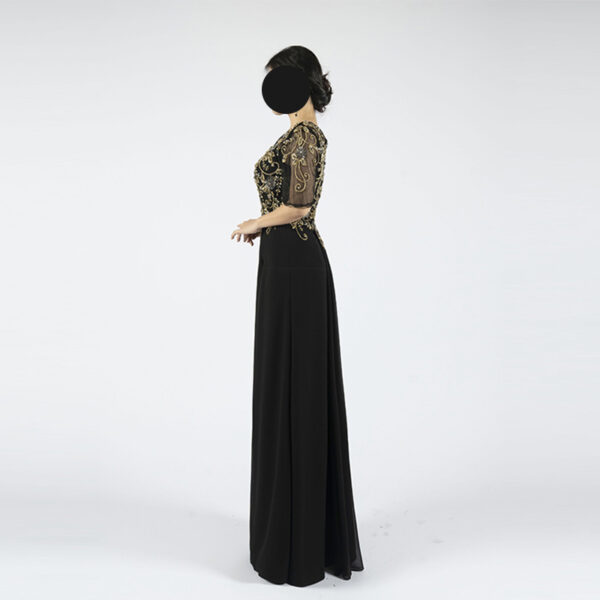 Sheer Sleeve Chiffon Evening Dress with Gold Beaded Embroidery | Perfect for Galas & Weddings