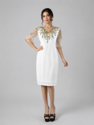 Sheer Mesh Elbow Sleeve Cocktail Dress