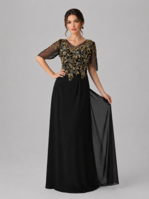Floral Beaded V-Neck Flowing Long Formal Gown