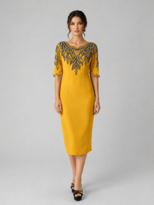 Hand Beaded Leaf Embellished Knee-Length Formal Gown