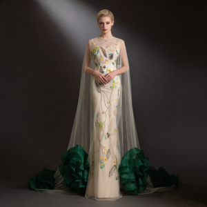 ivory beaded gown with sheer cape, luxury couture evening dress