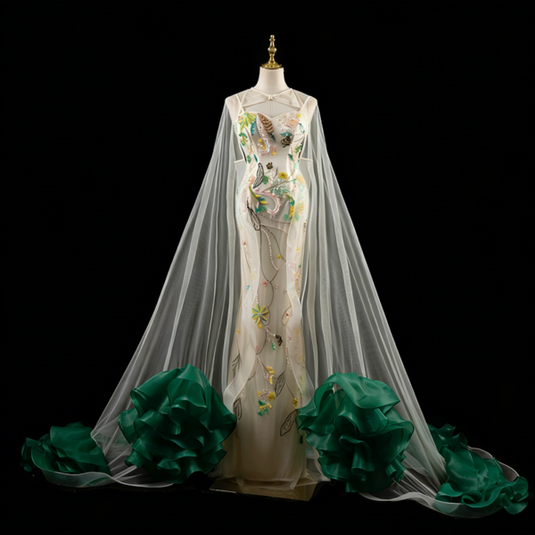 Luxury white mermaid gown with green floral embroidery and dramatic cape train