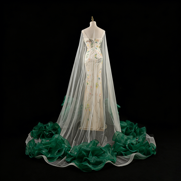 Modest sheer cape evening gown with green floral embroidery for Arab women