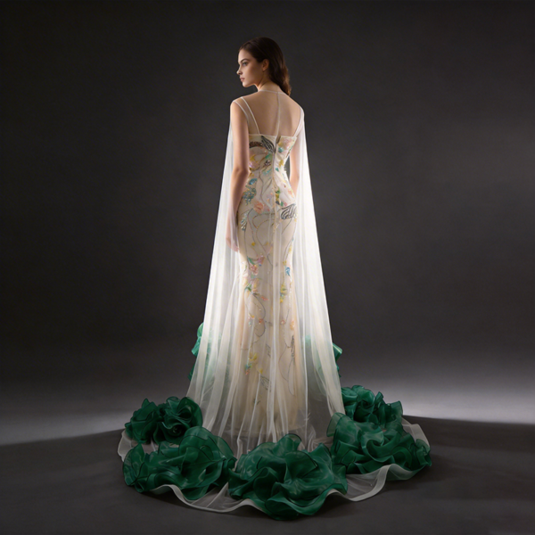 Sheer tulle cape evening dress with green floral beading and mermaid silhouette