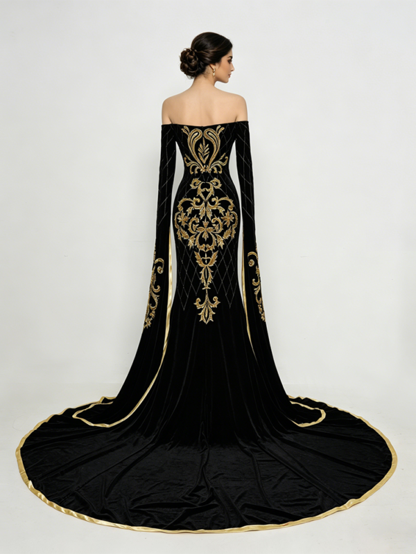 Back view of luxury black and gold mermaid dress with sweeping train, showing full gold embroidery details