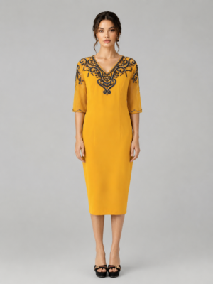 Scroll Crystal Beaded V-Neck Midi Formal Dress