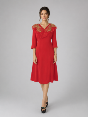 Ruffle V-Neck Beaded Mid-Length Evening Dress