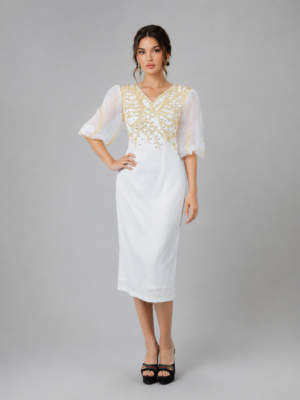 V-Neck Beaded Puff Sleeve Evening Dress