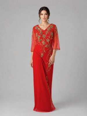 Beaded Sheer Sleeve V-Neck Maxi Evening Dress