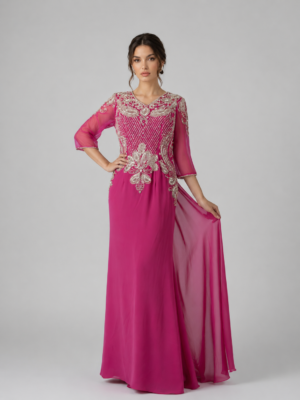 Floral Beaded V-Neck Floor Evening Dress