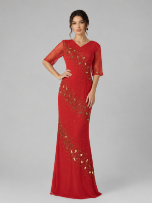 Beaded Sheer Sleeve V-Neck Floor Evening Gown