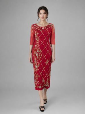 Beaded Sheer Sleeve Round Neck Midi Gown