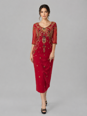 Beaded Sheer Sleeve V-Neck Midi Gown