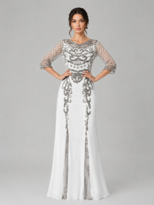 Beaded Mesh Sleeve V-Neck Long Gown