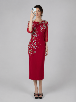 Round Neck Beaded Floral Formal Midi Gown