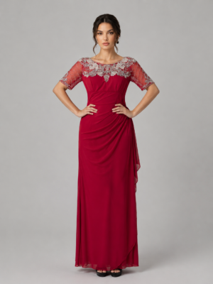 Beaded Mesh Neck Draped Long Evening Dress