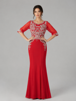 Beaded Mesh Yoke Mermaid Formal Gown
