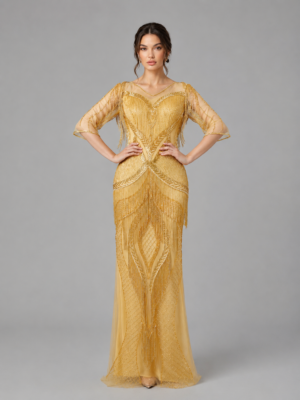 Elegant Beaded Fringe Gown with V-Neck and Three-Quarter Sleeves