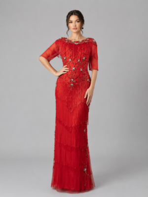 Elegant Tiered Fringe & Crystal Beaded Formal Gown