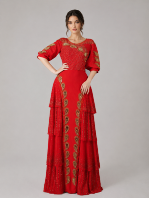 Tiered Evening Gown with Intricate Gold Embroidery & Puff Sleeves